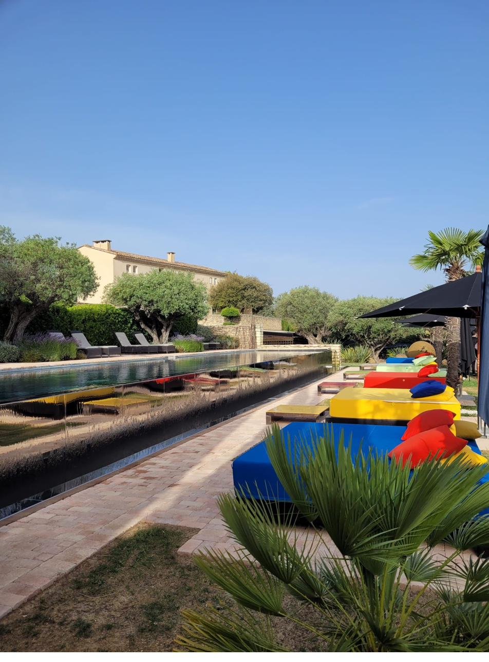 Colourful poolside mattresses at Domaine des Andéols